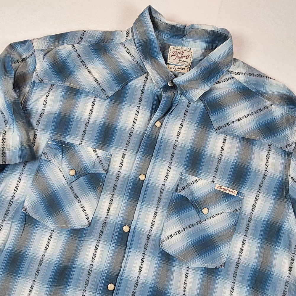 Lucky Brand Mens XXL Blue Plaid Western Pearl Snap Short Sleeve Shirt Cotton